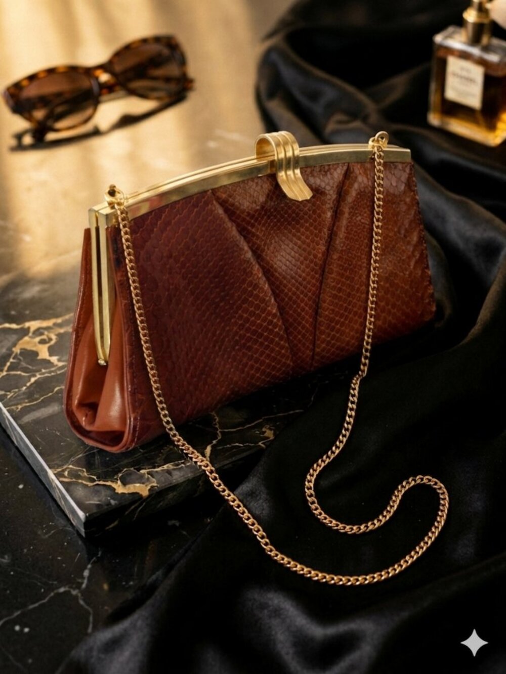 Vintage Argentine Leather Snakeskin Clutch Purse Brown Gold Chain